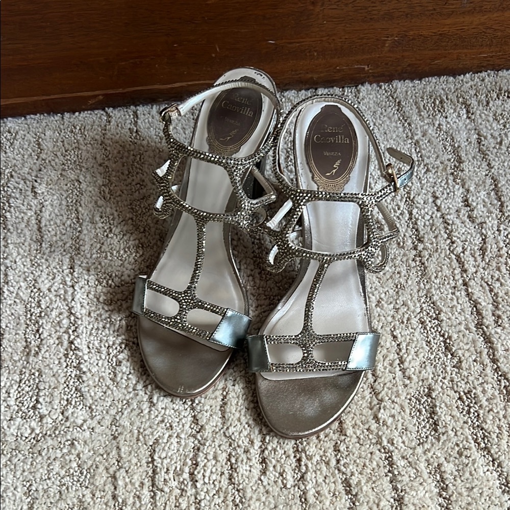 Rene Caovilla Silver Embellished T-Strap Sandals